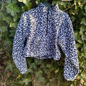 White & Black Leopard Print crop fleece with zip up cheetah